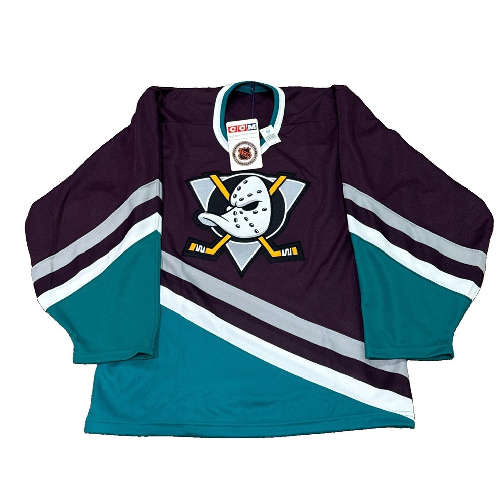 NEW Vintage 90s Anaheim Mighty Ducks Hockey CCM Maska Jersey Purple Disney Sz S